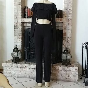 Feathers Off Shoulders 2 Piece Pantsuits